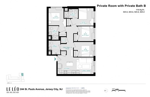 Floor plan for 1 bed, 1 bath, 115 sqft